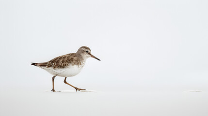Obraz premium A delicate sandpiper walking along a beach on a white background with copy space, tiny legs quick