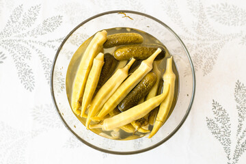 top view of armenian pickles, cucumber and okra