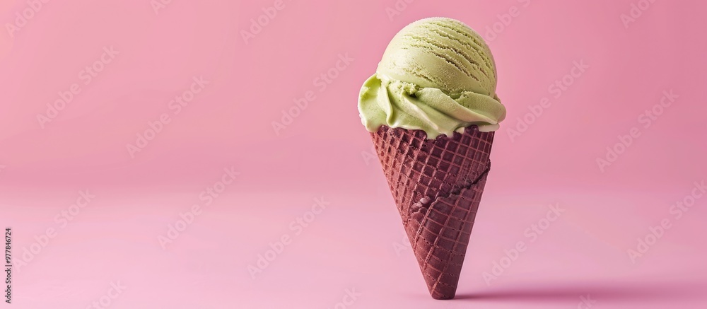 Wall mural refreshing summer treat green tea ice cream in a dark waffle cone against a pink background a homema