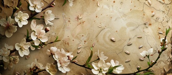 textured vintage paper background featuring almond tree blossoms. Copy space image. Place for adding text and design