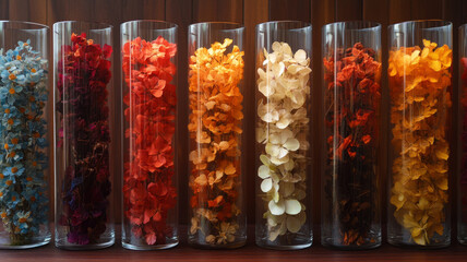 Glass vases with vibrant dried floral arrangements.