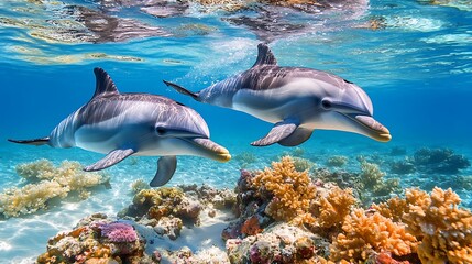 Obraz premium A pair of dolphins swimming together in crystal clear waters, surrounded by colorful coral reefs 