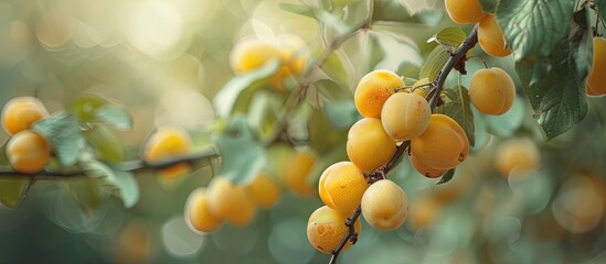 Ripening yellow plums on a branch captured in close up with selective focus and copy space