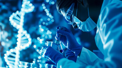 A woman in a lab coat and mask working in a laboratory