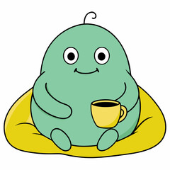 A cheerful cartoon character sitting cross-legged on a large yellow cushion, holding a steaming cup of coffee