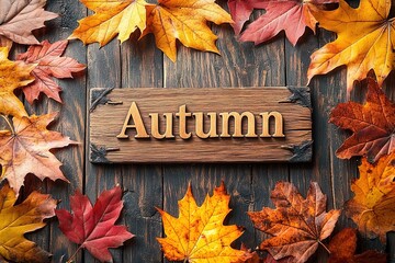 Obraz premium frame with text. with the inscription autumn, seasonal. Chalkboard and autumn leaves. natural background. empty space for text. close-up. change of seasons