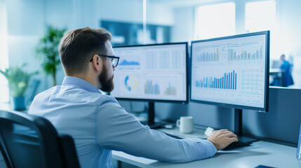 A professional working in an open office space, focusing on multiple digital analytics reports displayed on two large screens. The office environment reflects efficiency and a tech