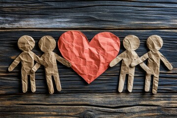 Wooden figures with red crumpled hearts symbolizing family emotional connection and the supportive bonds that nurture love within compassionate communities