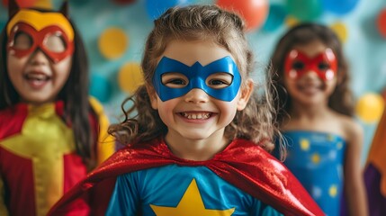 A birthday child dressed as a superhero surrounded by friends in costumes posing for pictures in front of a themed backdrop.