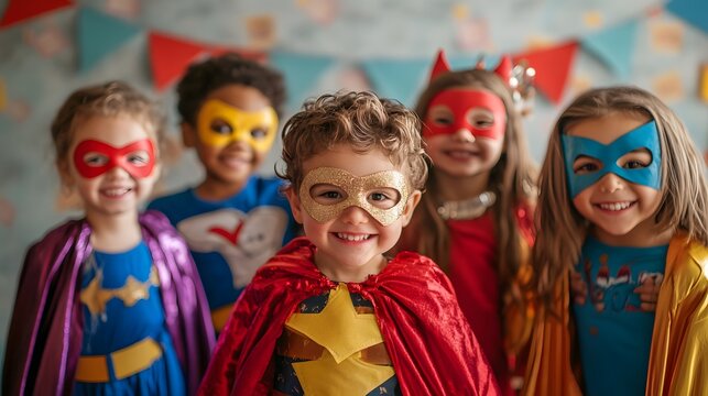 A birthday child dressed as a superhero surrounded by friends in costumes posing for pictures in front of a themed backdrop. - Powered by Adobe