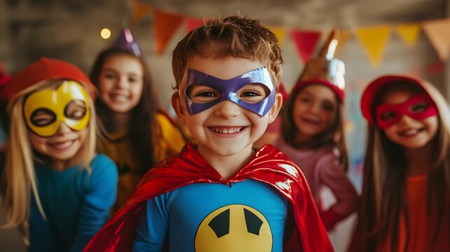 A birthday child dressed as a superhero surrounded by friends in costumes posing for pictures in front of a themed backdrop.