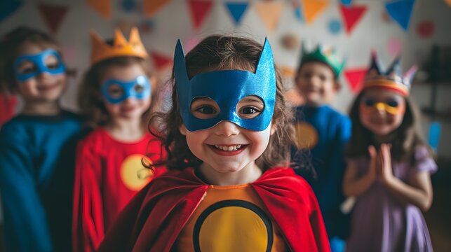 A birthday child dressed as a superhero surrounded by friends in costumes posing for pictures in front of a themed backdrop.