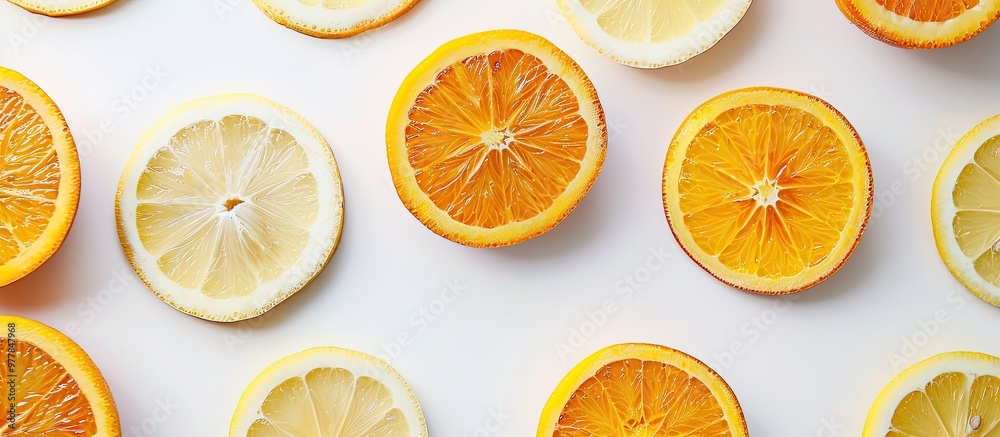 Sticker Flat lay featuring slices of orange and lemon on a white background. Copy space image. Place for adding text and design