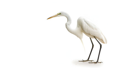 A graceful egret with long legs standing on a white background with copy space, beak pointed forward