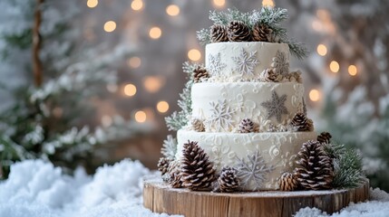 Elegant winter wedding cake featuring three tiers of white fondant with silver snowflakes and pinecones, illuminated by fairy lights in a snowy backdrop
