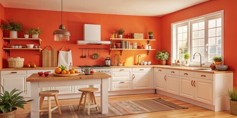 Cozy kitchen with orange walls and wooden accents featuring fresh fruits and plants. Generative AI