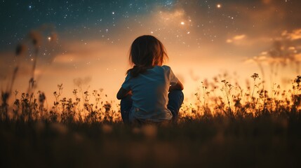 A child sitting in a meadow arms wrapped around their knees looking up at the stars in quiet reflection.