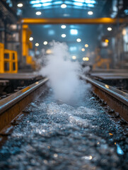 Obraz premium Railroad tracks with steam in an industrial factory setting.