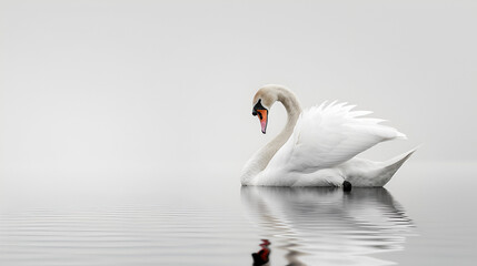 Obraz premium A graceful swan gliding across calm waters on a white background with copy space, wings tucked close