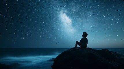 A child sitting on a rock near the ocean watching the stars and listening to the waves crash below.