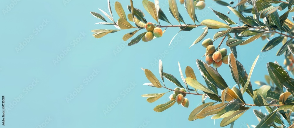 Wall mural olive tree branches with leaves and fruit set against a blue sky. copy space image. place for adding