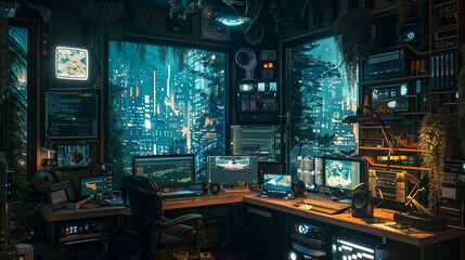 A futuristic workspace with multiple screens, high-tech devices, and a glowing cityscape view in the background