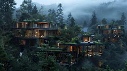 Obraz premium The Silvana Sanctuary, a large, avant-garde compound seamlessly built into a misty, mountainous temperate rainforest. The sanctuary features cascading terraces with living green roofs