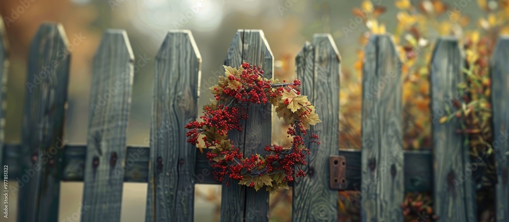 Wall mural autumn wreath on a wooden fence close up shot. copy space image. place for adding text and design