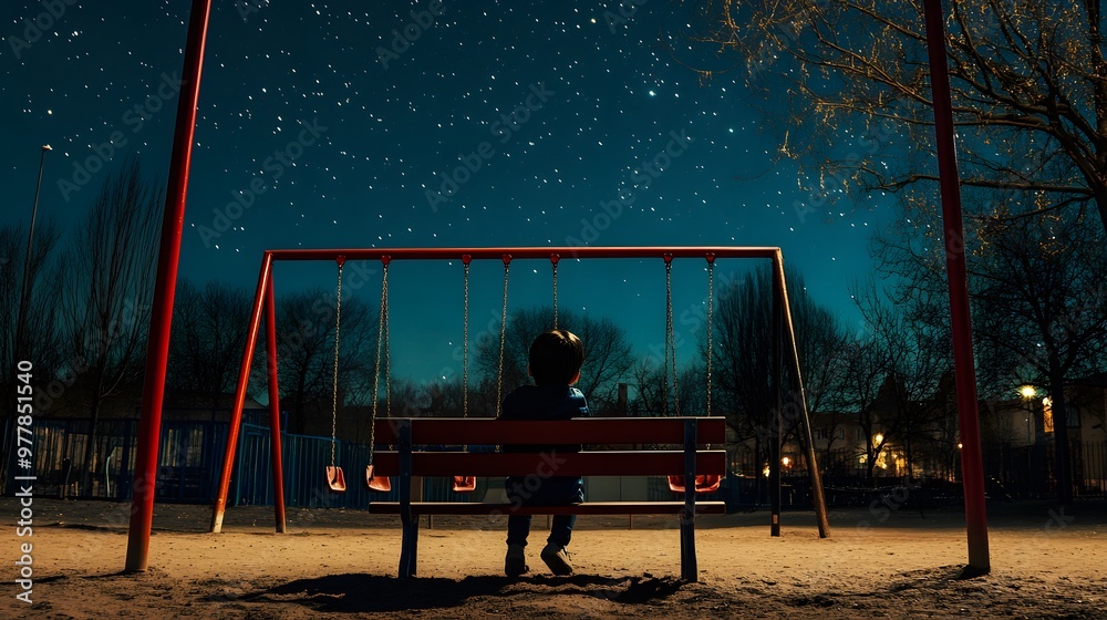 Wall mural a child sitting on a bench in an empty playground gazing at the stars as the swings sway gently in t