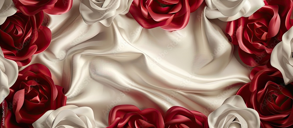 Poster decorative frame created with a satin ribbon rose the backdrop for the text top view. copy space ima