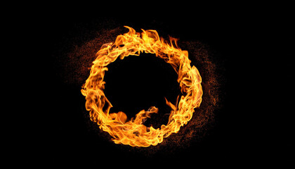 Fire flame ring isolated on black background. Round burning object.