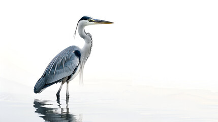 Fototapeta premium A regal heron standing still in the water on a white background with copy space, long neck stretched