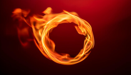 Fire flame ring isolated on dark red background. Round burning object.