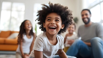A family enjoying a game of charades in the living room kids acting out silly scenes while parents guess and laugh.