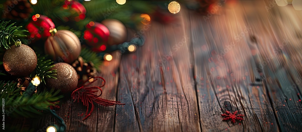 Wall mural christmas tree ornaments on a wooden background. copy space image. place for adding text and design