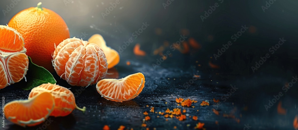 Canvas Prints Delicious and attractive tangerines Peeled tangerine oranges and tangerine orange slices set against a dark background Citrus backdrop. Copy space image. Place for adding text and design