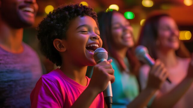A family enjoying a karaoke night kids singing into toy microphones while parents cheer and dance along.