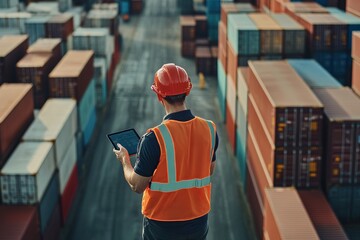 Business manager using tablet for global shipping and logistics management solutions - Powered by Adobe