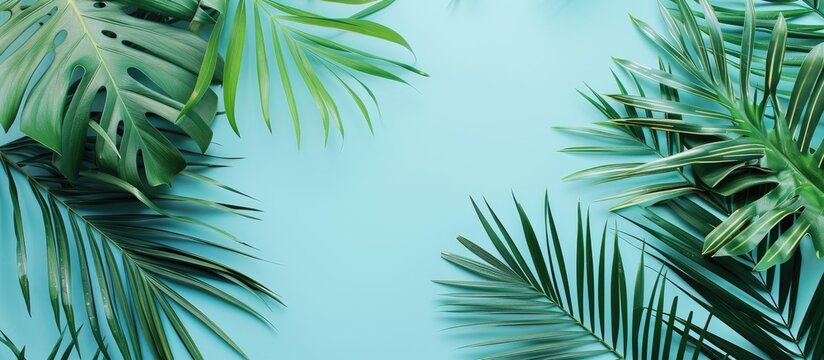 Tropical palm leaves on a light blue backdrop Minimalist nature Summer inspired Flat lay The image measures approximately 5500 x 3600 pixels. Copy space image. Place for adding text and design