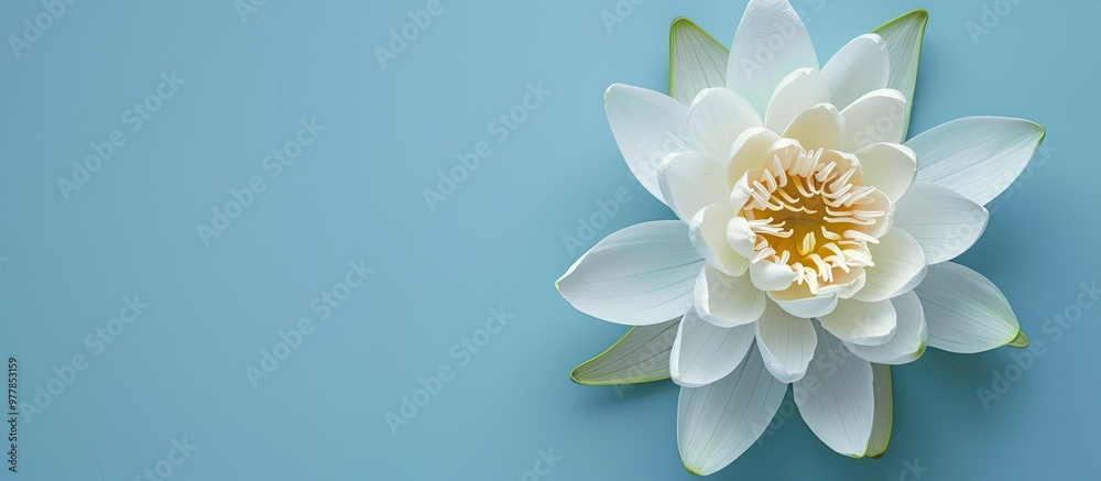 Sticker Beautiful white lotus flower against a light blue background top view Room for text. Copy space image. Place for adding text and design