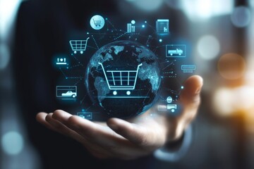 E commerce photography featuring vr interface with shopping icons and global connectivity elements