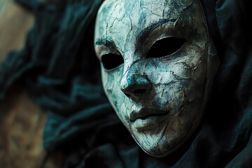 Closeup of a spooky, white porcelain mask with dark eyes.  Mystical Halloween, gothic, masquerade, and masquerade ball concept.