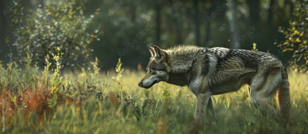 Wall mural side view of a compliant wolfdog with its catch while walking through a grassy meadow in nature. cop