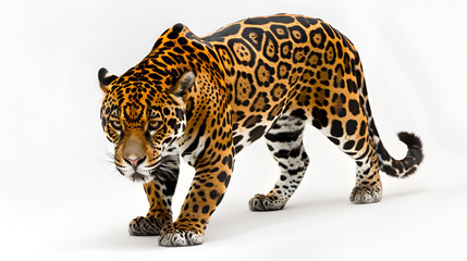 Naklejka premium A sleek jaguar prowling forward on a white background, muscles rippling with each step