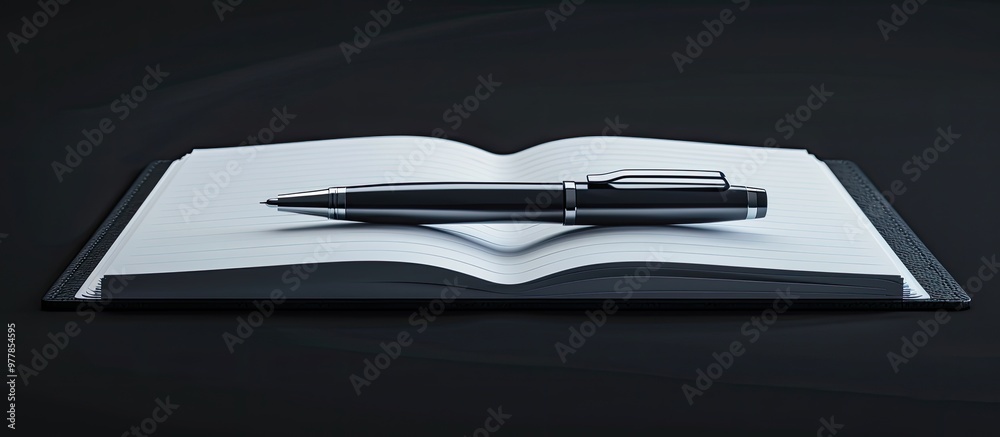 Poster close up of a pen and an open notebook. copy space image. place for adding text and design