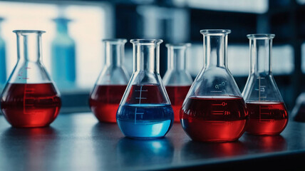 a couple of beakers with blue liquid in them are next to a bottle of liquid in a laboratory.