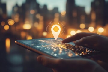 Businessman using ipad to monitor digital cityscape with location pin in art nouveau style
