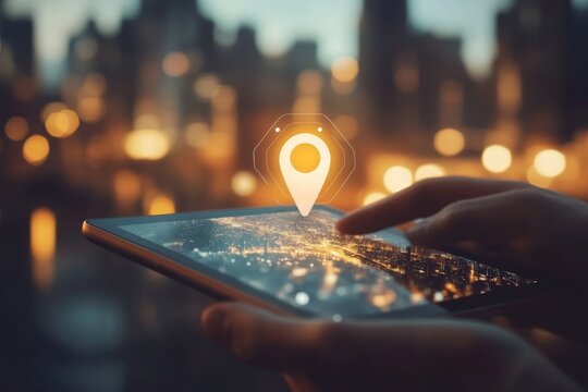 Businessman using ipad to monitor digital cityscape with location pin in art nouveau style