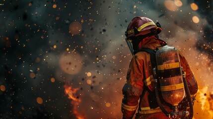Fototapeta premium Courageous Firefighter Battling Blazing Flames in Emergency Rescue