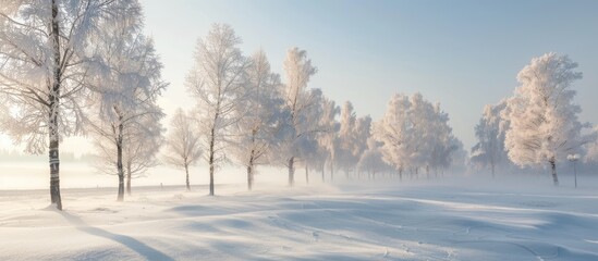 Obraz premium Light fog in the winter park with tall trees blanketed in snow under a clear sky. Copy space image. Place for adding text and design